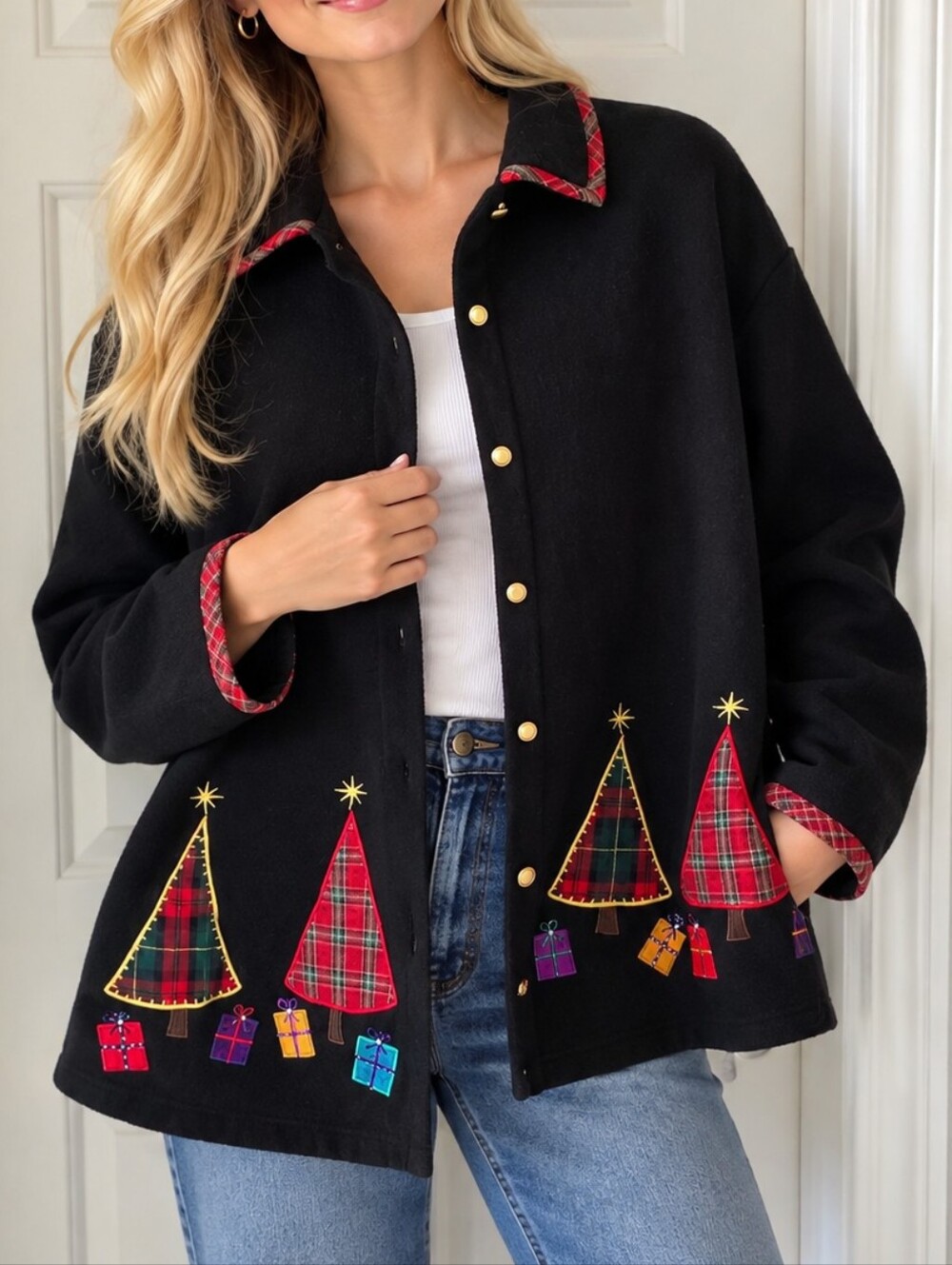 Black Holiday Embroidered Button-Front Jacket with Plaid Trim